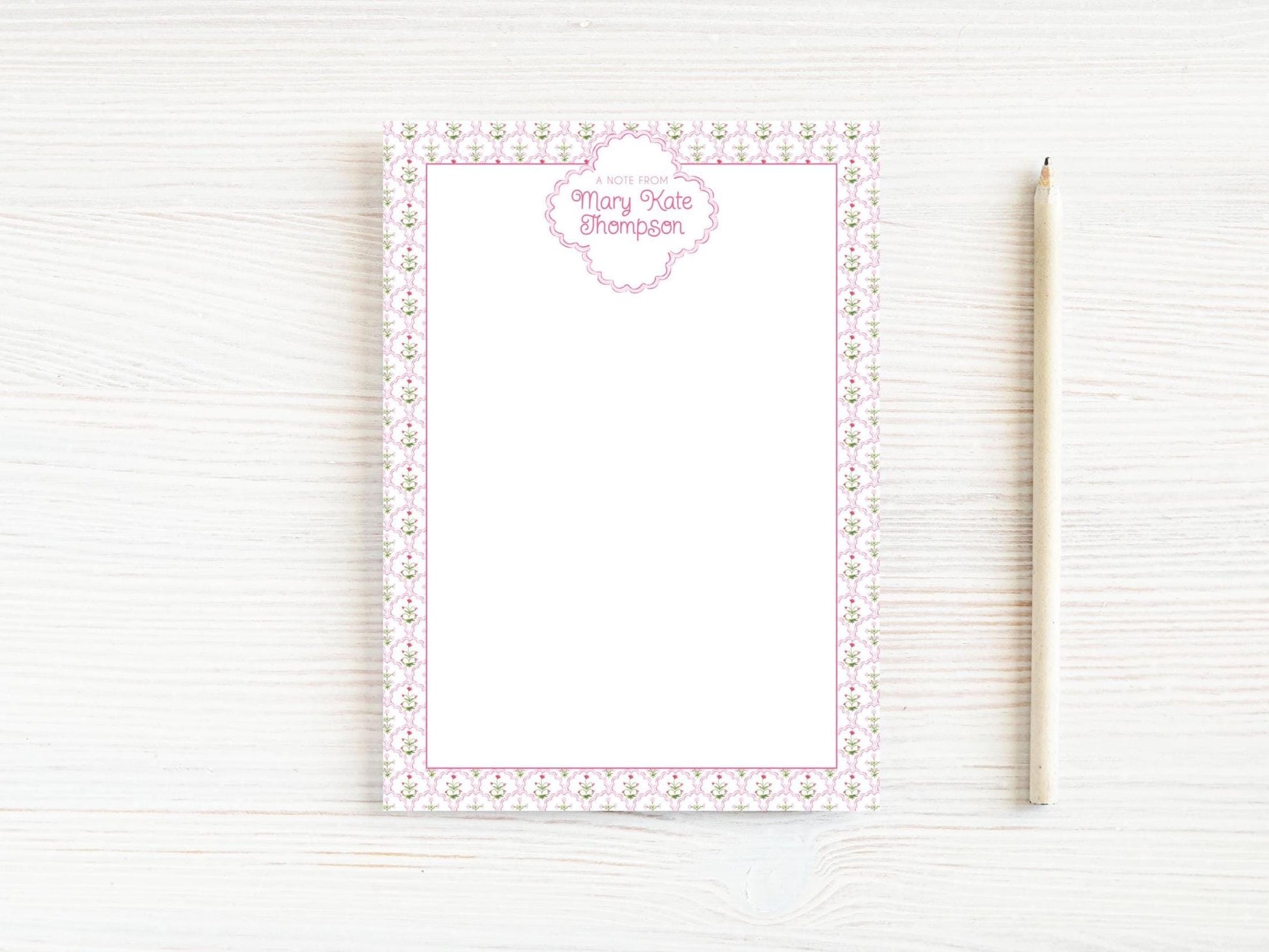 Personalized 5.5X5.5 or 5X7 Watercolor Pink Floral Notepad, Flower Pattern Women Note