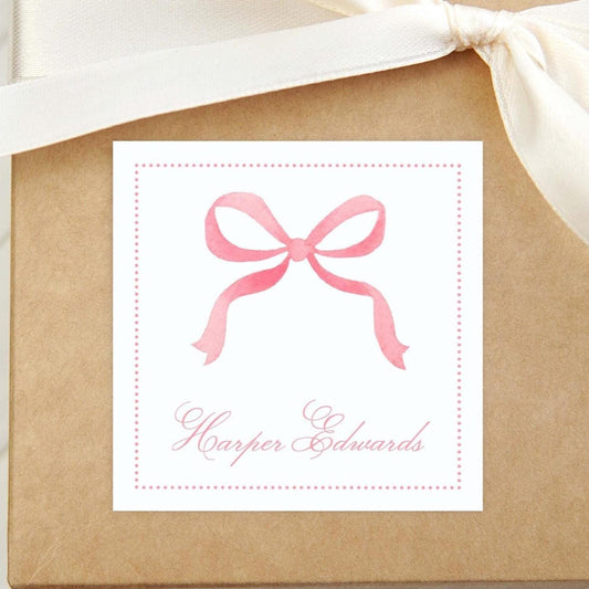 Personalized Watercolor Pink Bow Calling Card, Bow Girl Enclosure Card, Baby Gift Tag