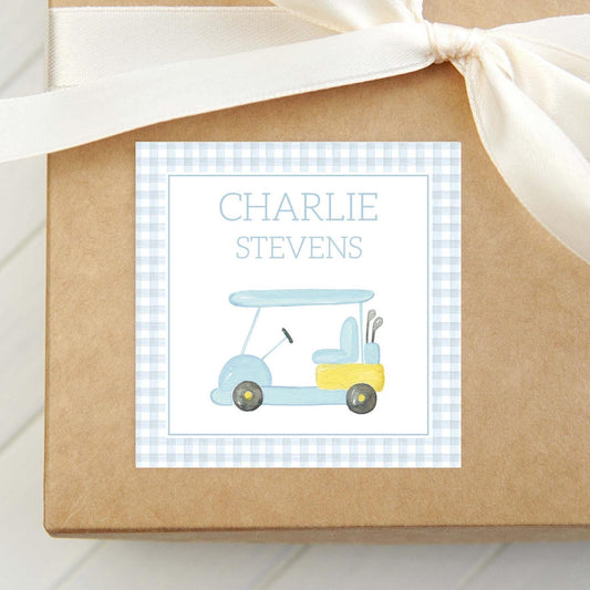 Personalized Watercolor Golf Calling Card, Boy Gingham Enclosure Card, Square Sports Gift Tag