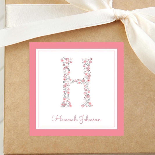 Personalized Pink Floral Initial Calling Card, Colorful Enclosure Card, Child Birthday Gift Sticker