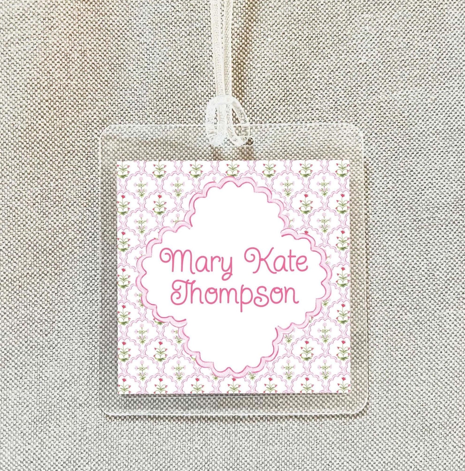 Personalized Women Pink Floral Flower Bag Tag, Laminated Square Girl Luggage Tag, Diaper Bag Tag