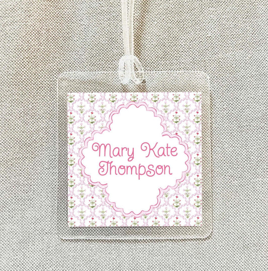 Personalized Women Pink Floral Flower Bag Tag, Laminated Square Girl Luggage Tag, Diaper Bag Tag