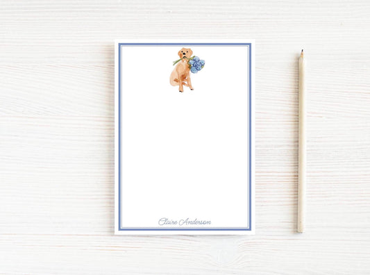 Personalized 5.5X5.5 or 5X7 Watercolor Floral Yellow Labrador Notepad, Blue Dog Lab Note Pad