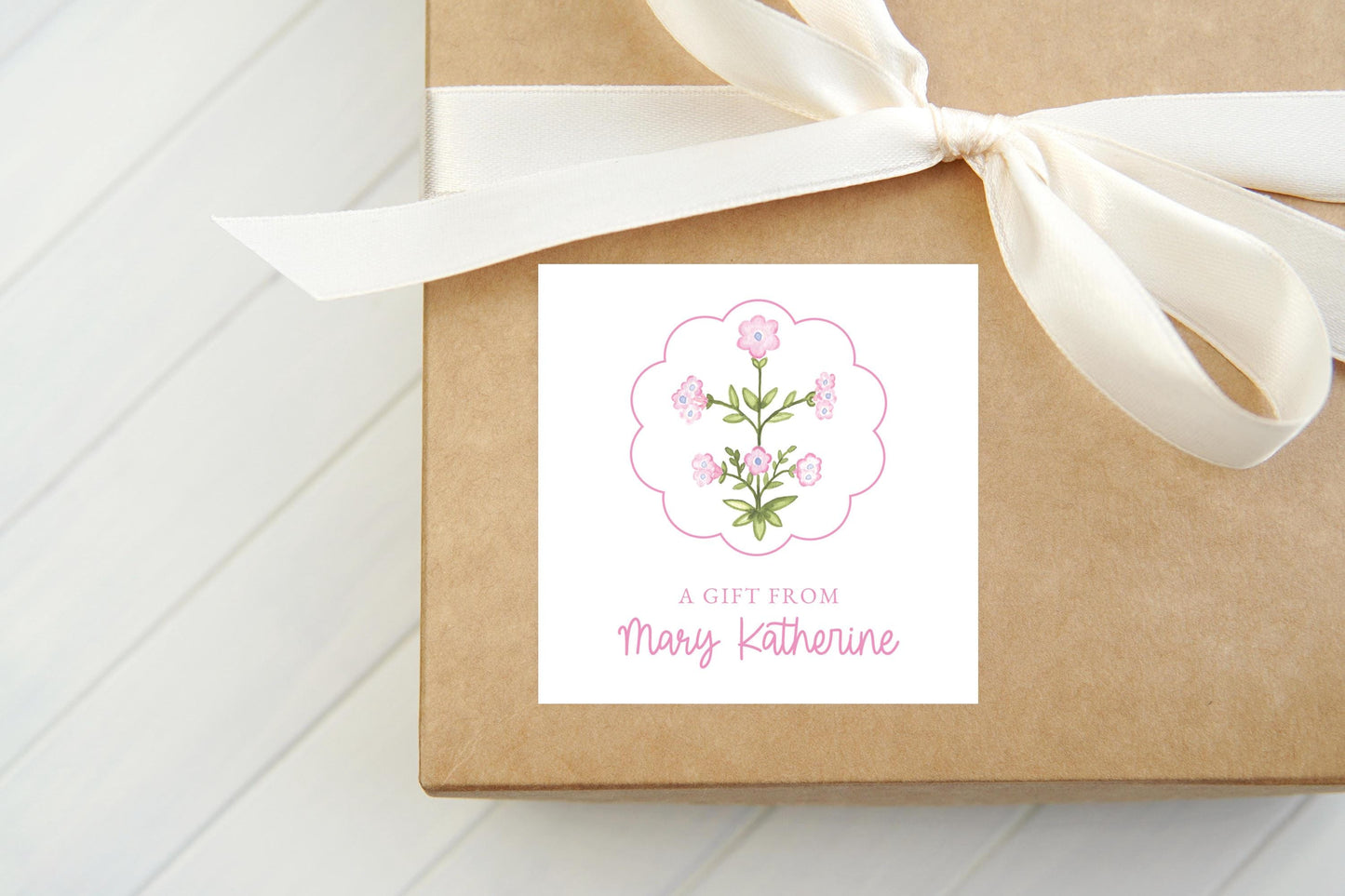 Personalized Scallop Floral Calling Card, Girl Enclosure Card, Square Gift Tag