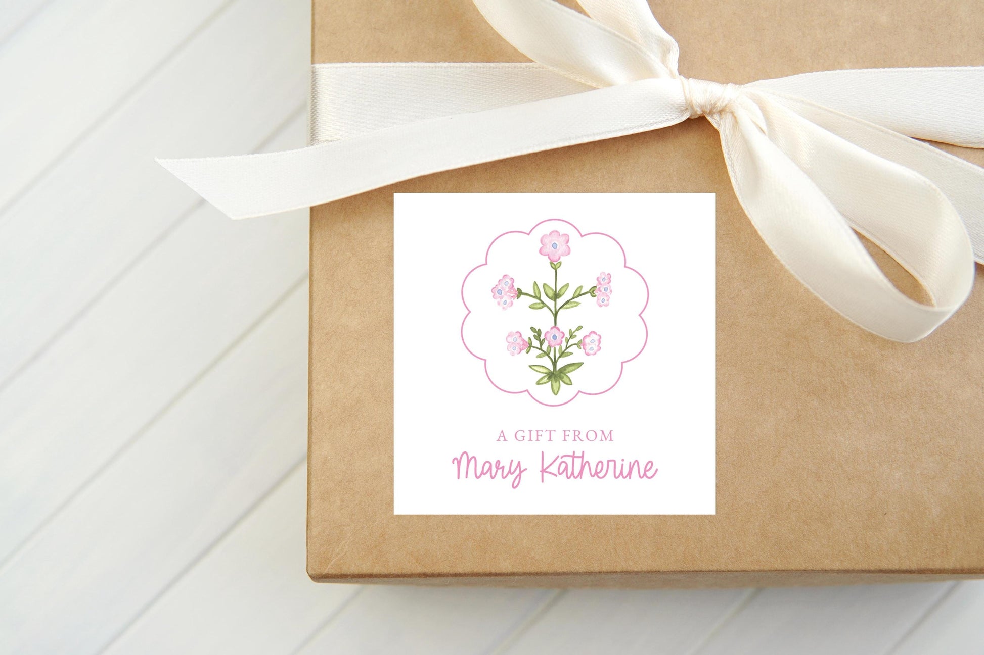 Personalized Scallop Floral Calling Card, Girl Enclosure Card, Square Gift Tag