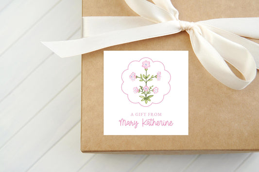 Personalized Scallop Floral Calling Card, Girl Enclosure Card, Square Gift Tag