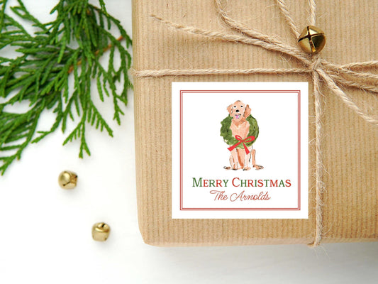 Personalized Watercolor Christmas Dog Calling Card or Sticker | Puppy Enclosure Card | Family Holiday Square Gift Tag and Stickers