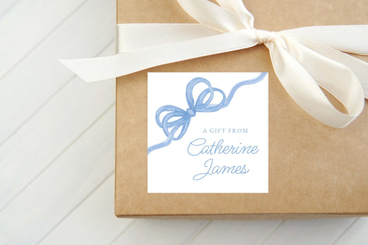 Personalized Watercolor Blue Bow Calling Card, Bow Girl Enclosure Card, Baby Gift Tag