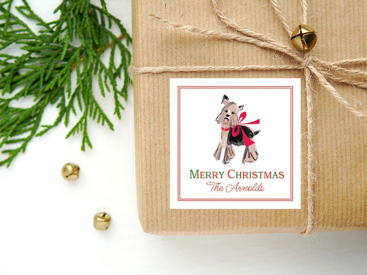 Personalized Watercolor Christmas Dog Calling Card or Sticker | Puppy Enclosure Card | Family Holiday Square Gift Tag and Stickers