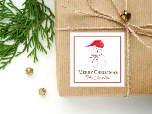 Personalized Watercolor Christmas Dog Calling Card or Sticker | Puppy Enclosure Card | Family Holiday Square Gift Tag and Stickers