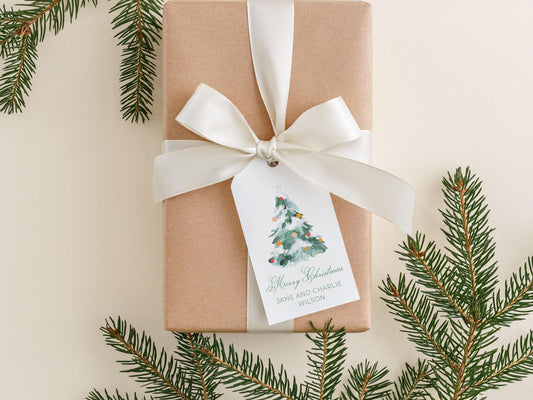 Personalized 2 x 3.5 inch Watercolor Christmas Tree Gift Tags | Custom Gift Tags