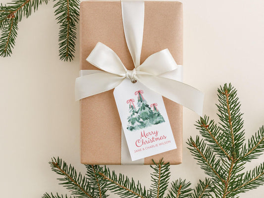 Personalized 2 x 3.5 inch Watercolor Bow Christmas Tree Gift Tags | Custom Gift Tags