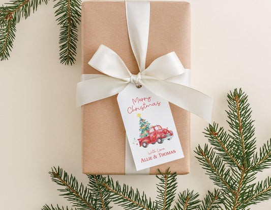 Personalized 2 x 3.5 inch Watercolor Christmas Truck Gift Tags | Custom Christmas Gift Tags