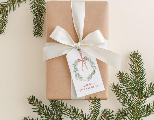 Personalized 2 x 3.5 inch Watercolor Christmas Wreath Gift Tags | Custom Gift Tags