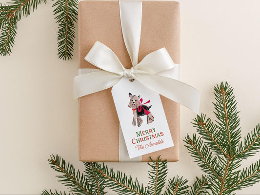 Personalized Yorkie Christmas Gift Tags, Watercolor Dog Holiday Gift Tag