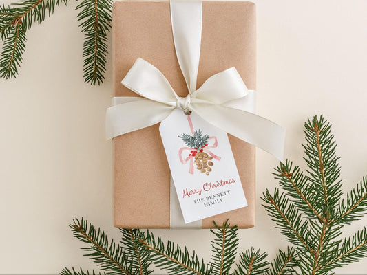 Personalized 2 x 3.5 inch Watercolor Pinecone Gift Tags | Custom Gift Tags