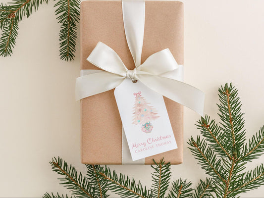 Personalized 2 x 3.5 inch Pink Watercolor Christmas Tree Gift Tags | Custom Gift Tags