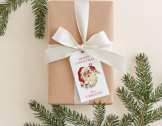 Personalized 2 x 3.5 inch Watercolor Vintage Santa Gift Tags | Custom Christmas Gift Tags