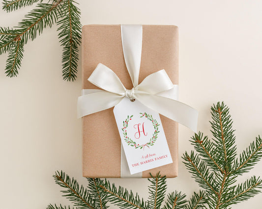 Personalized 2 x 3.5 inch Watercolor Initial Christmas Wreath Gift Tags | Custom Gift Tags