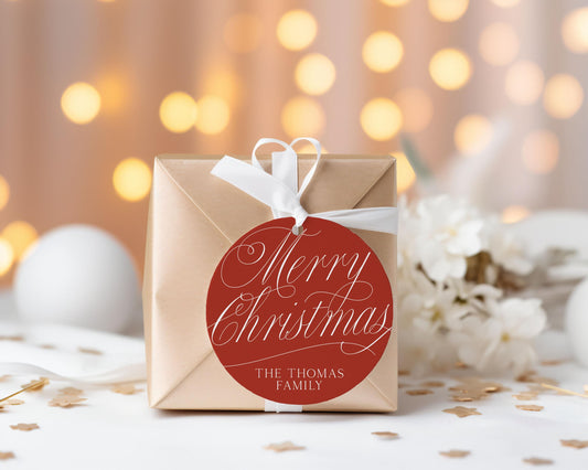 3x3 inch Round Personalized Script Merry Christmas Gift Tags | Custom Gift Tags | Colorful Gift Tag