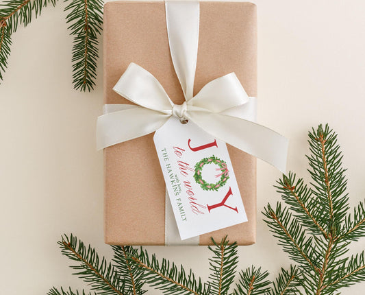 Personalized 2 x 3.5 inch Watercolor Christmas Wreath Gift Tags | Joy to the World Custom Gift Tags