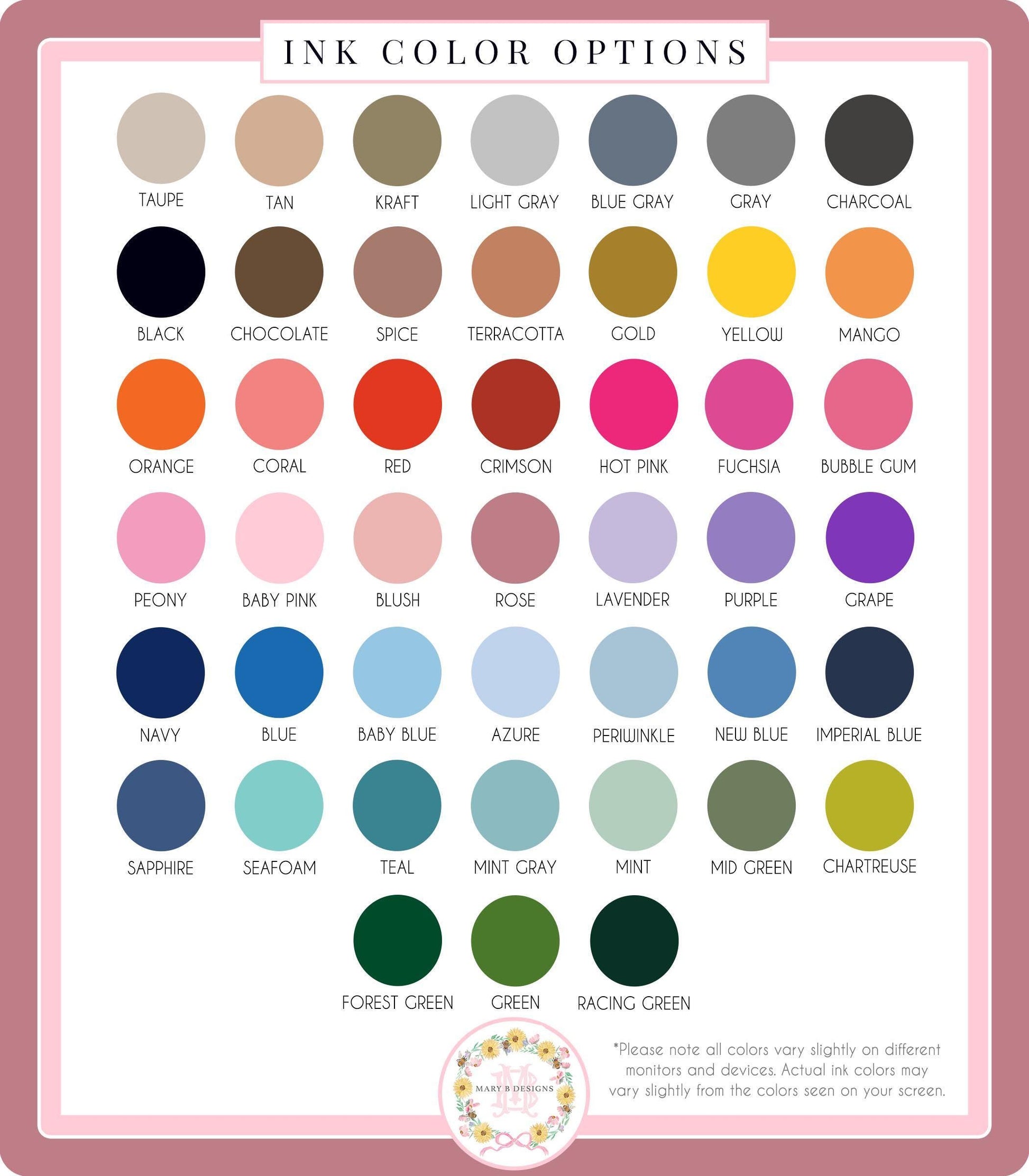 a collection of various ink color options, including shades of brown, black, green, and more, arranged in a grid format.