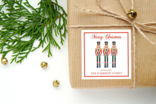 Personalized Watercolor Christmas Calling Card or Sticker | Red Border Nutcracker Enclosure Card | Family Square Gift Tag and Stickers