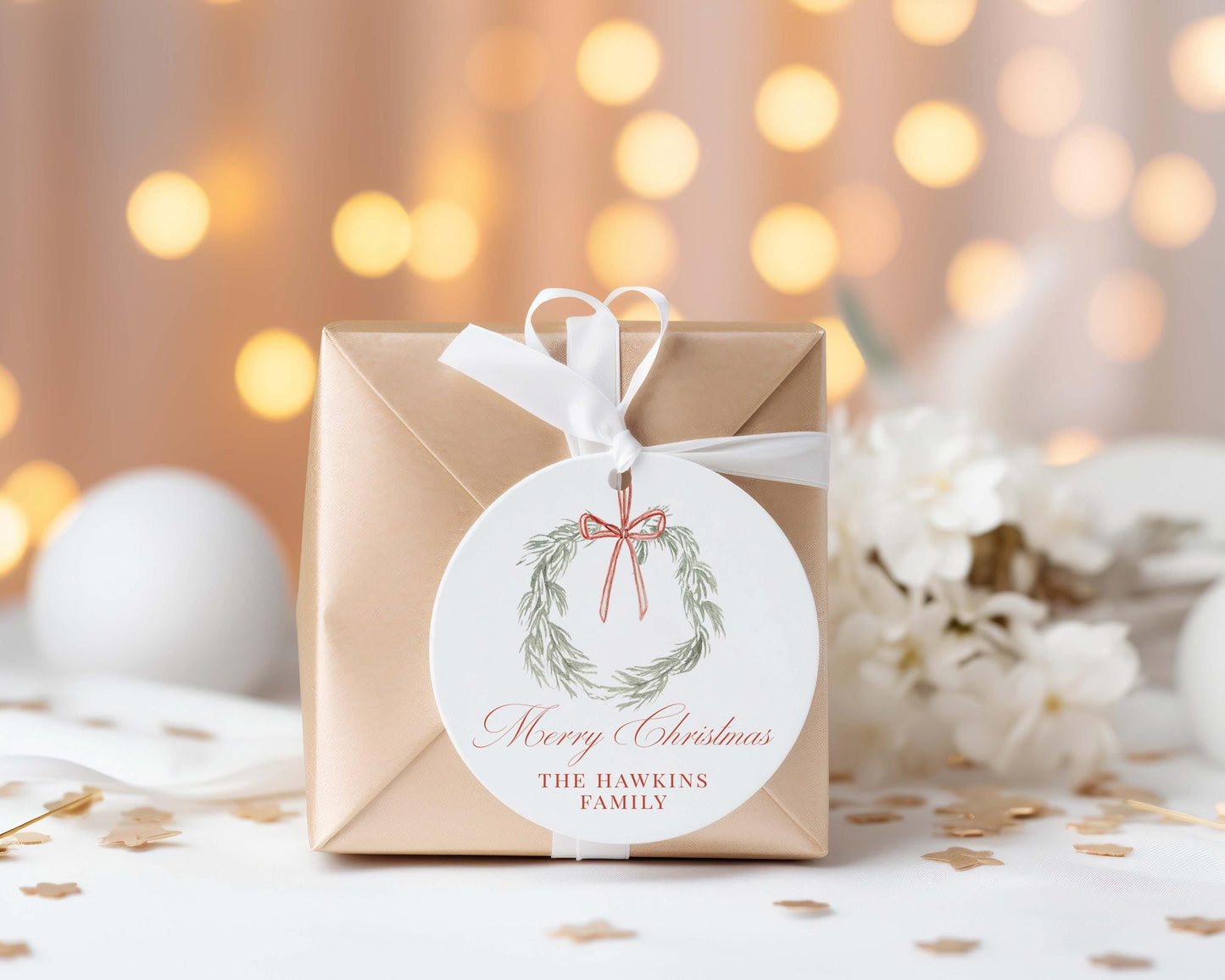 3x3 inch Round Personalized Wreath Gift Tags | Custom Circle Christmas Gift Tags