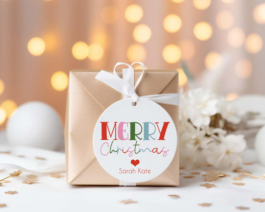 3x3 inch Round Personalized Colorful Merry Christmas Gift Tags | Custom Gift Tags | Colorful Gift Tag
