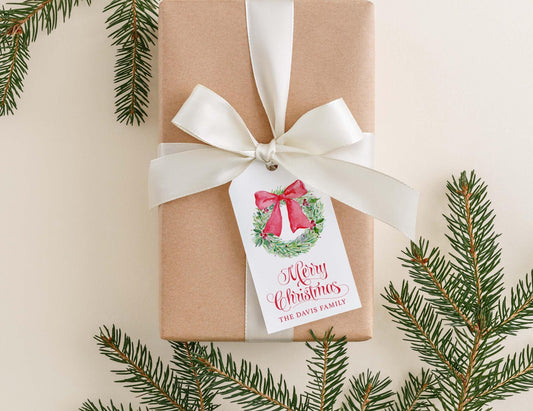 Personalized 2 x 3.5 inch Watercolor Christmas Big Wreath Gift Tags | Red Bow Custom Gift Tags