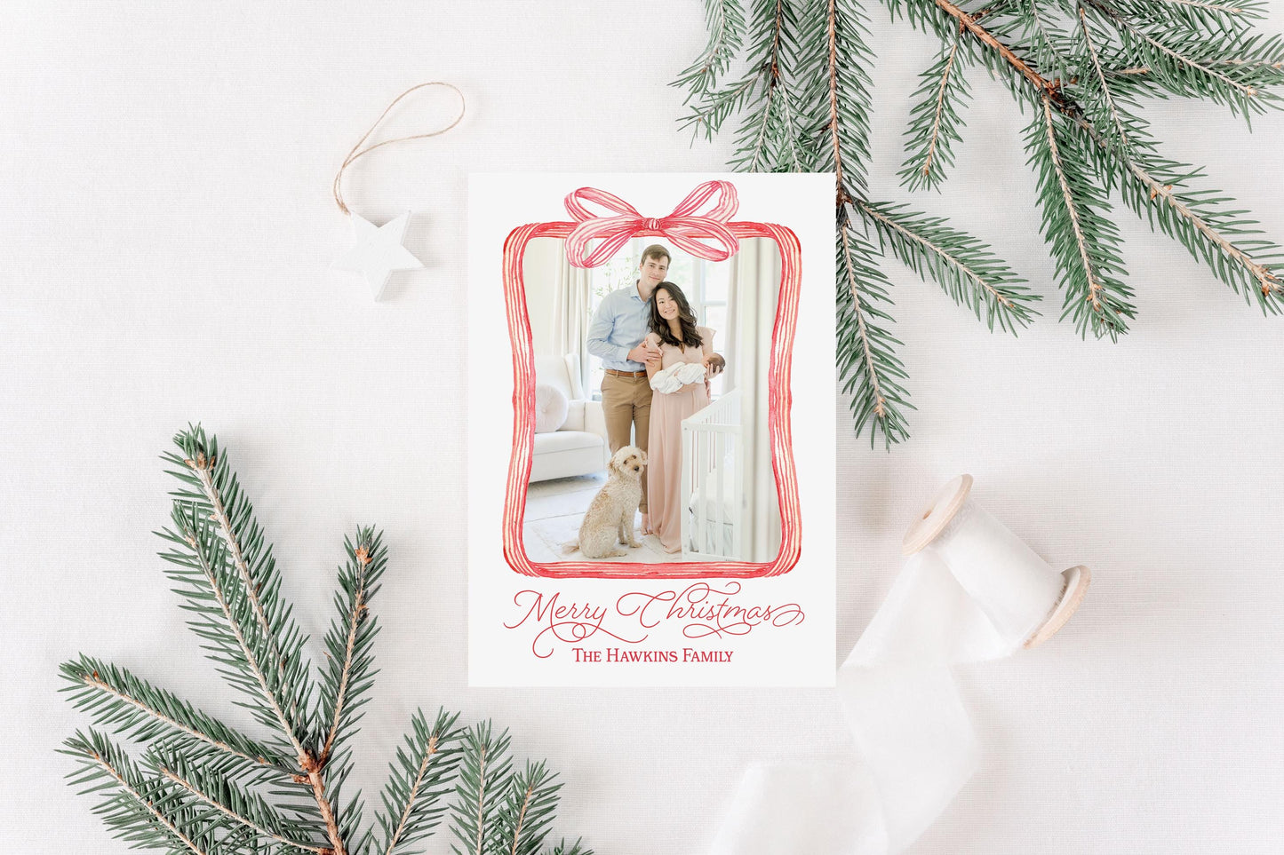 Custom Personalized Photo Christmas Cards - Red Bow Border