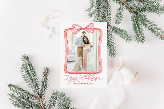 Custom Personalized Photo Christmas Cards - Red Bow Border