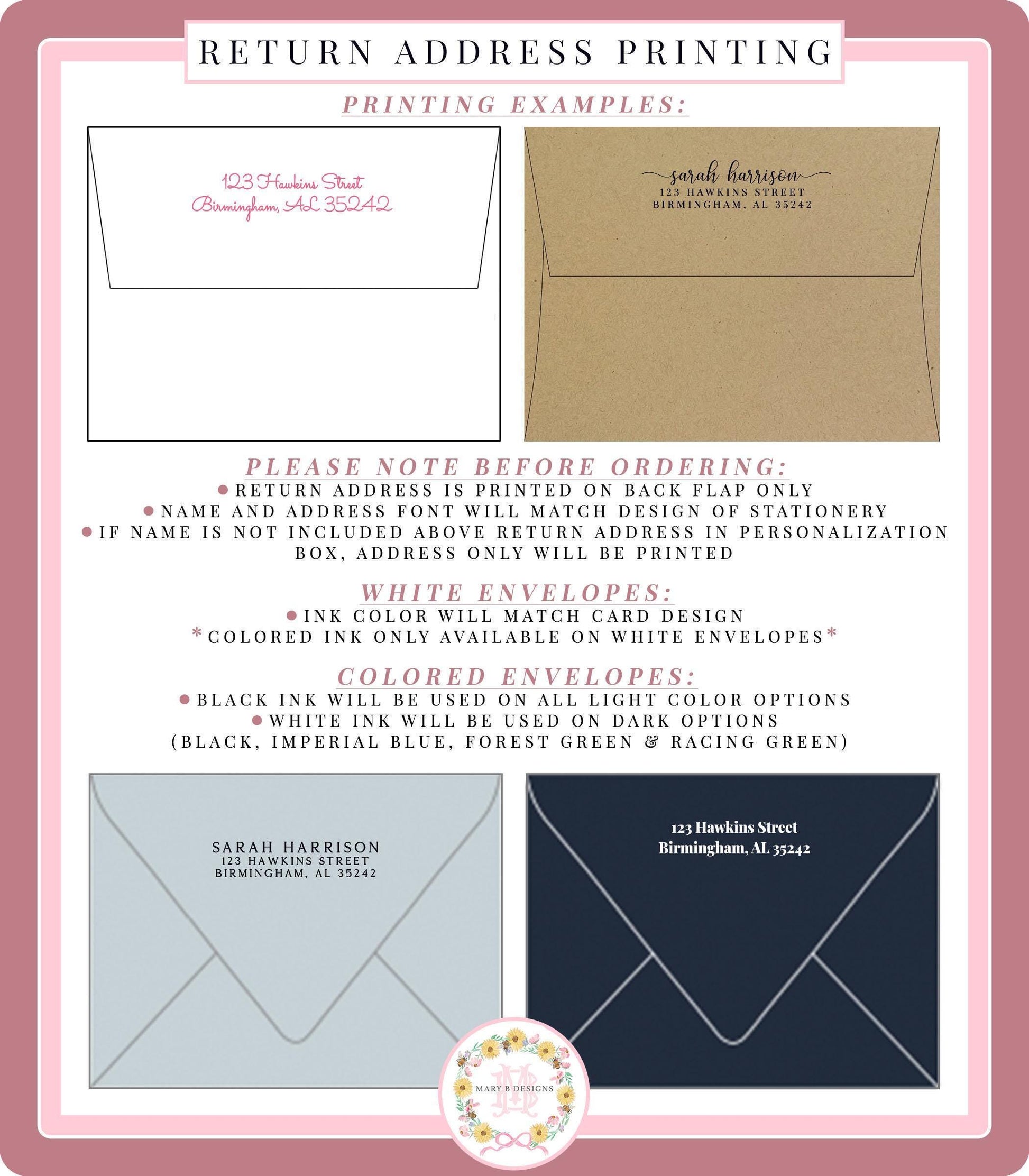 a return address printing example, which includes instructions for ordering and printing envelopes.