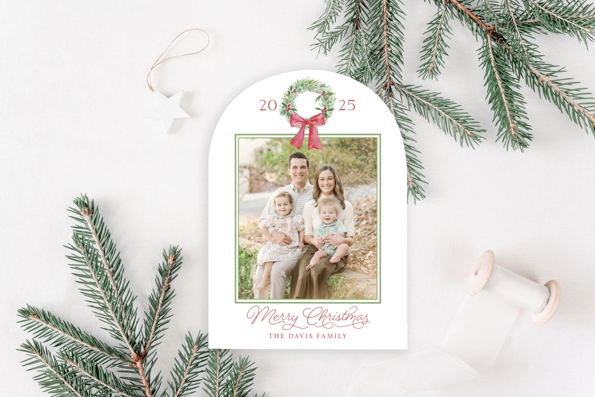 Custom Arched Personalized Wreath Photo Christmas Cards