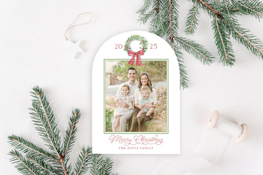 Custom Arched Personalized Wreath Photo Christmas Cards