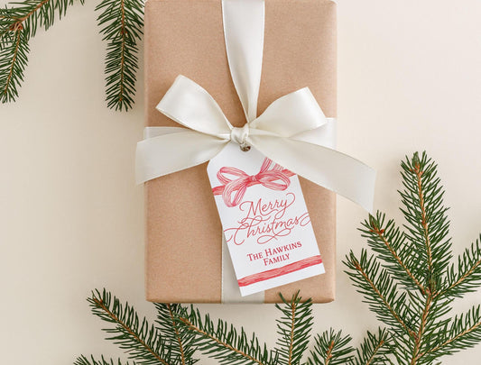 Personalized 2 x 3.5 inch Red Merry Christmas Bow Gift Tags | Custom Gift Tags