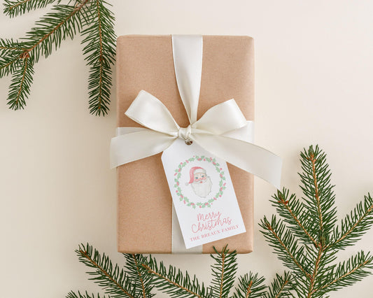 Personalized 2 x 3.5 inch Watercolor Vintage Santa Gift Tags | Custom Christmas Gift Tags