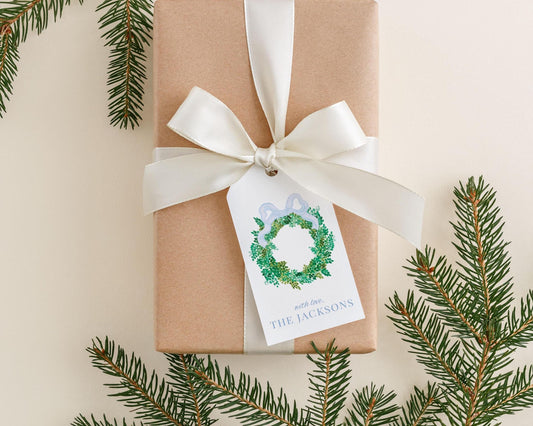 Personalized 2 x 3.5 inch Watercolor Christmas Blue Wreath Gift Tags | Custom Gift Tags