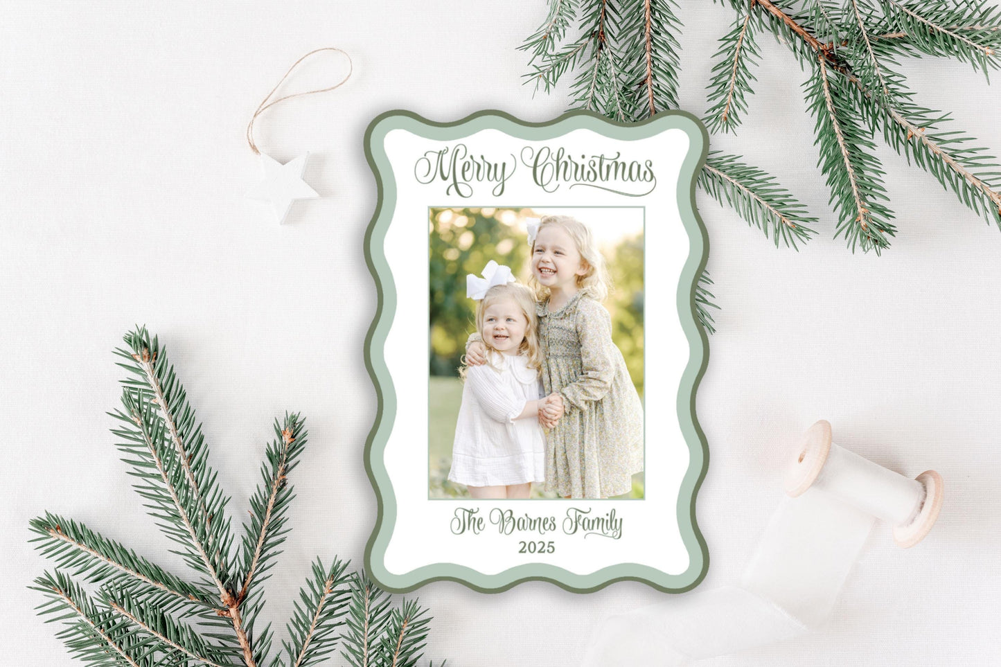 Custom Blue Wavy Die-cut Personalized Photo Merry Christmas Cards