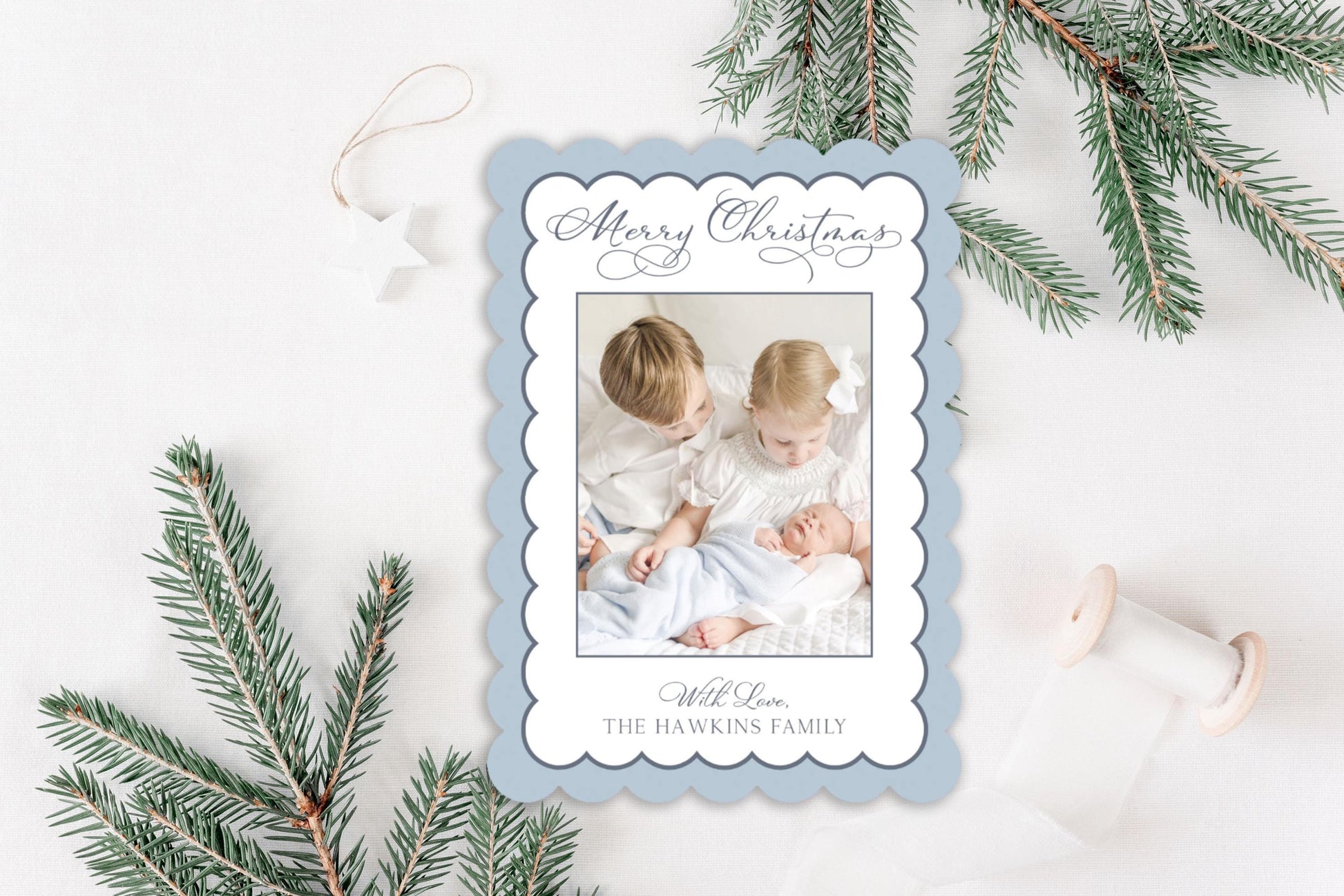 Custom Blue Scalloped Die-cut Personalized Photo Merry Christmas Cards