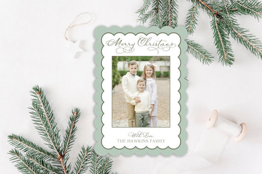 Custom Blue Scalloped Die-cut Personalized Photo Merry Christmas Cards