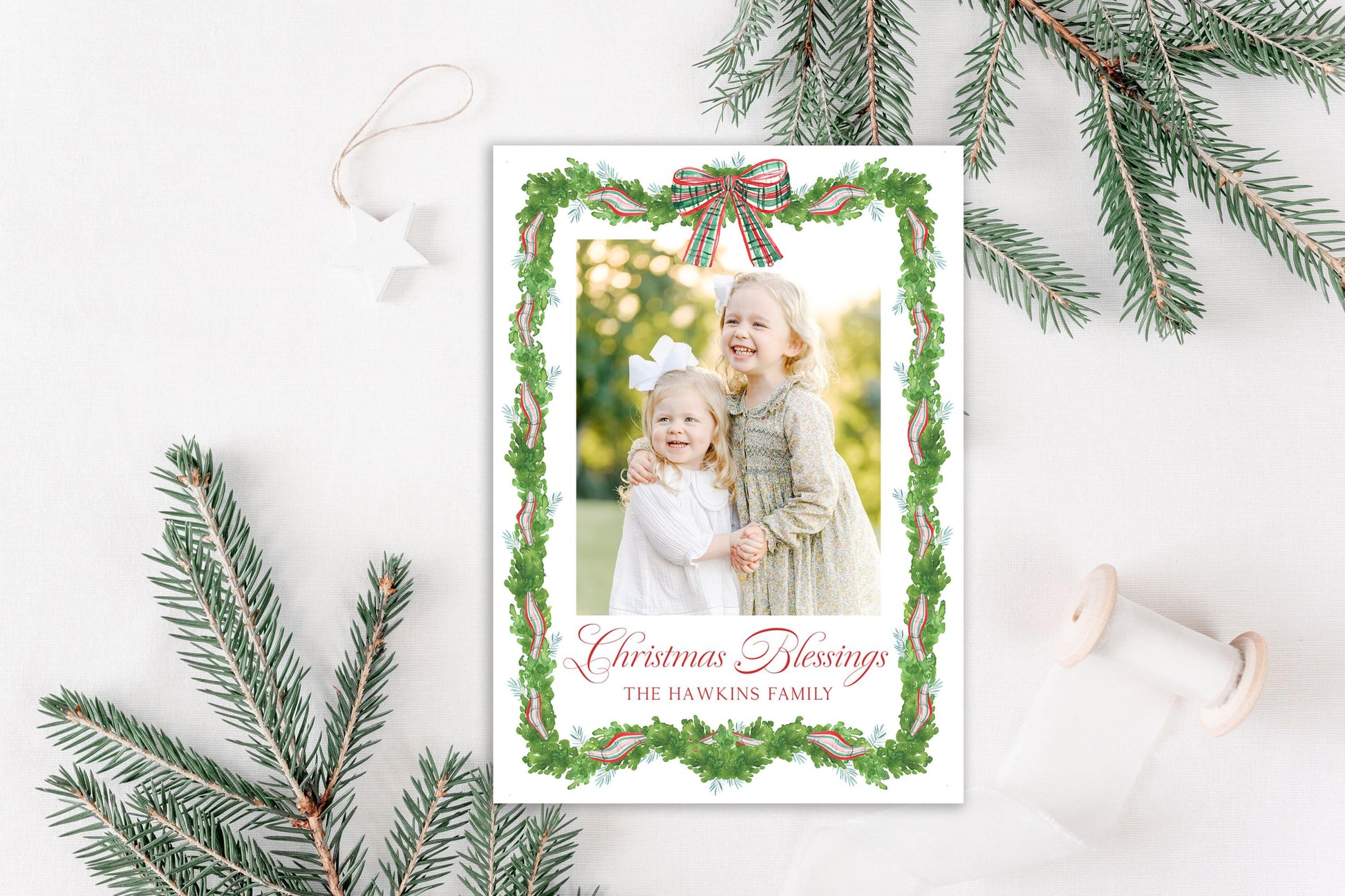 Custom Personalized Photo Christmas Cards - Red Bow Garland
