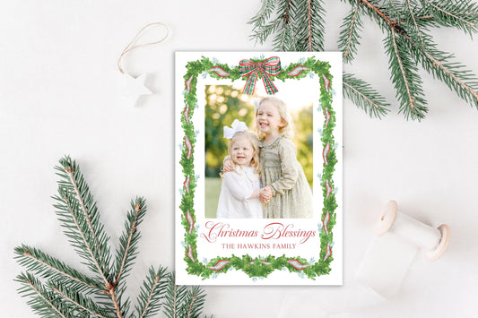 Custom Personalized Photo Christmas Cards - Red Bow Garland