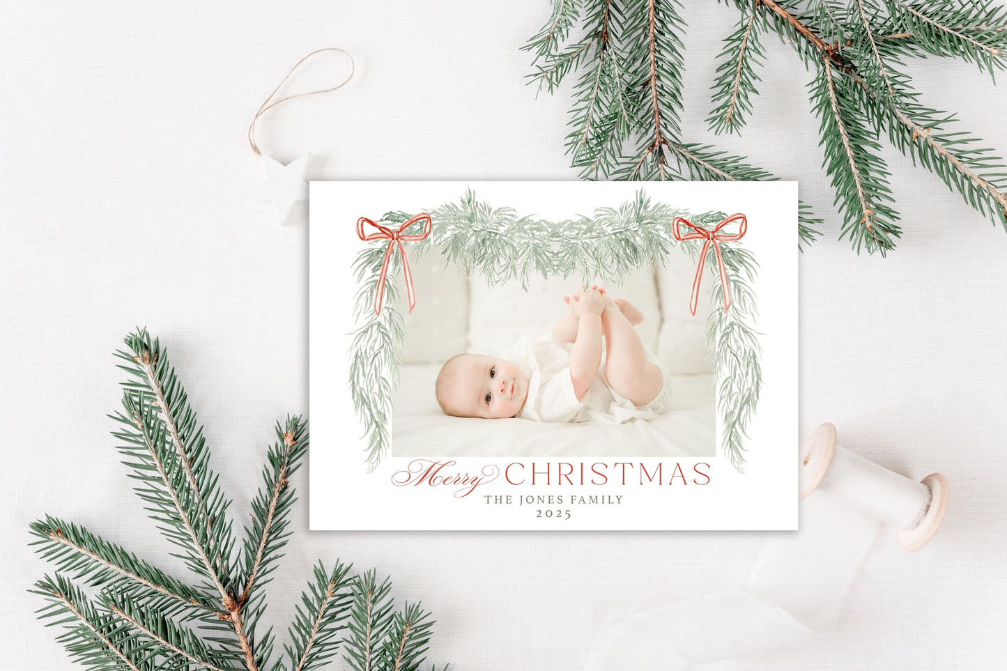 Custom Personalized Photo Christmas Cards - Light green garland