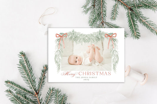 Custom Personalized Photo Christmas Cards - Light green garland