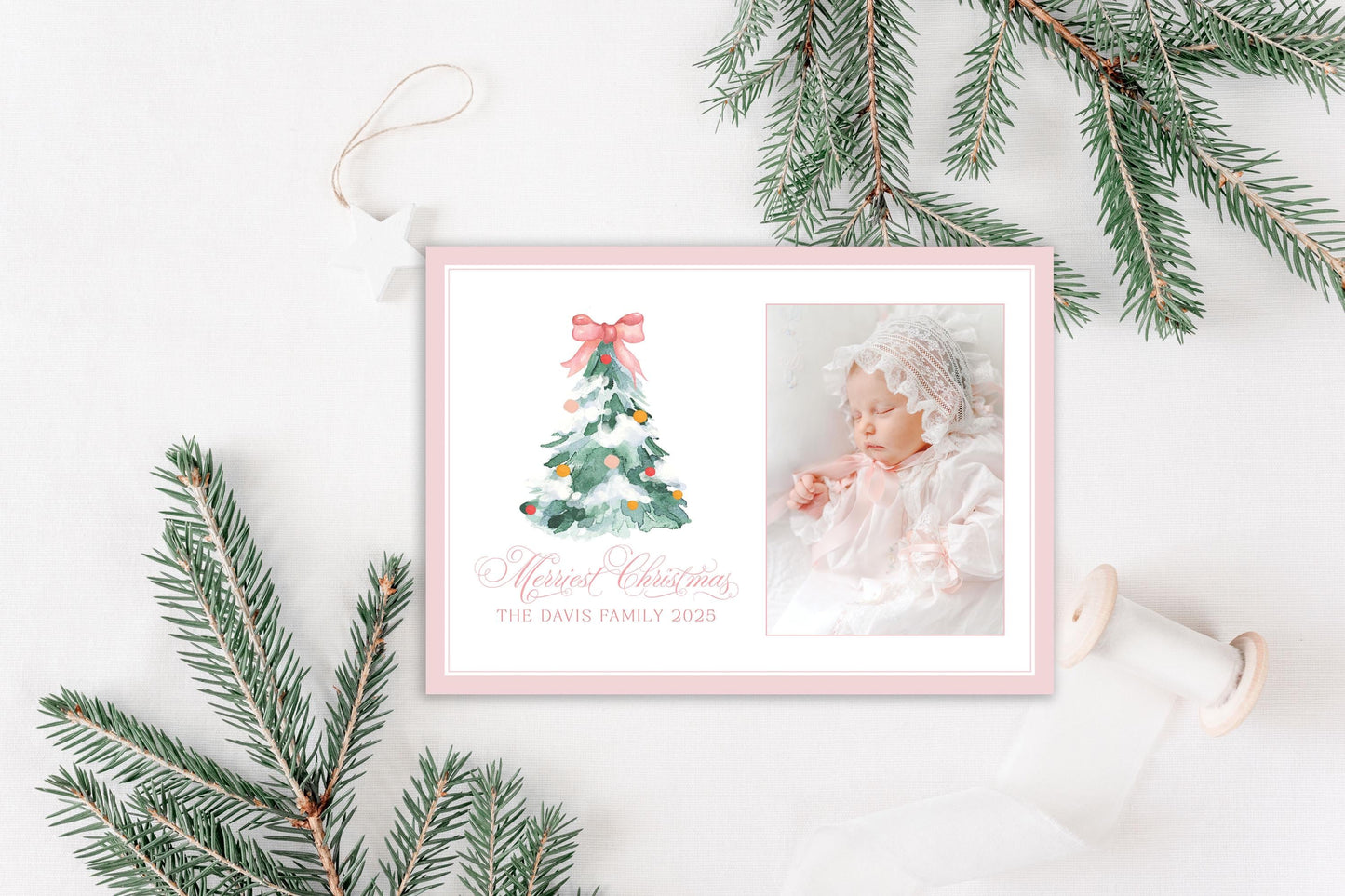 Custom Personalized Photo Christmas Cards - Pink Bow Christmas tree