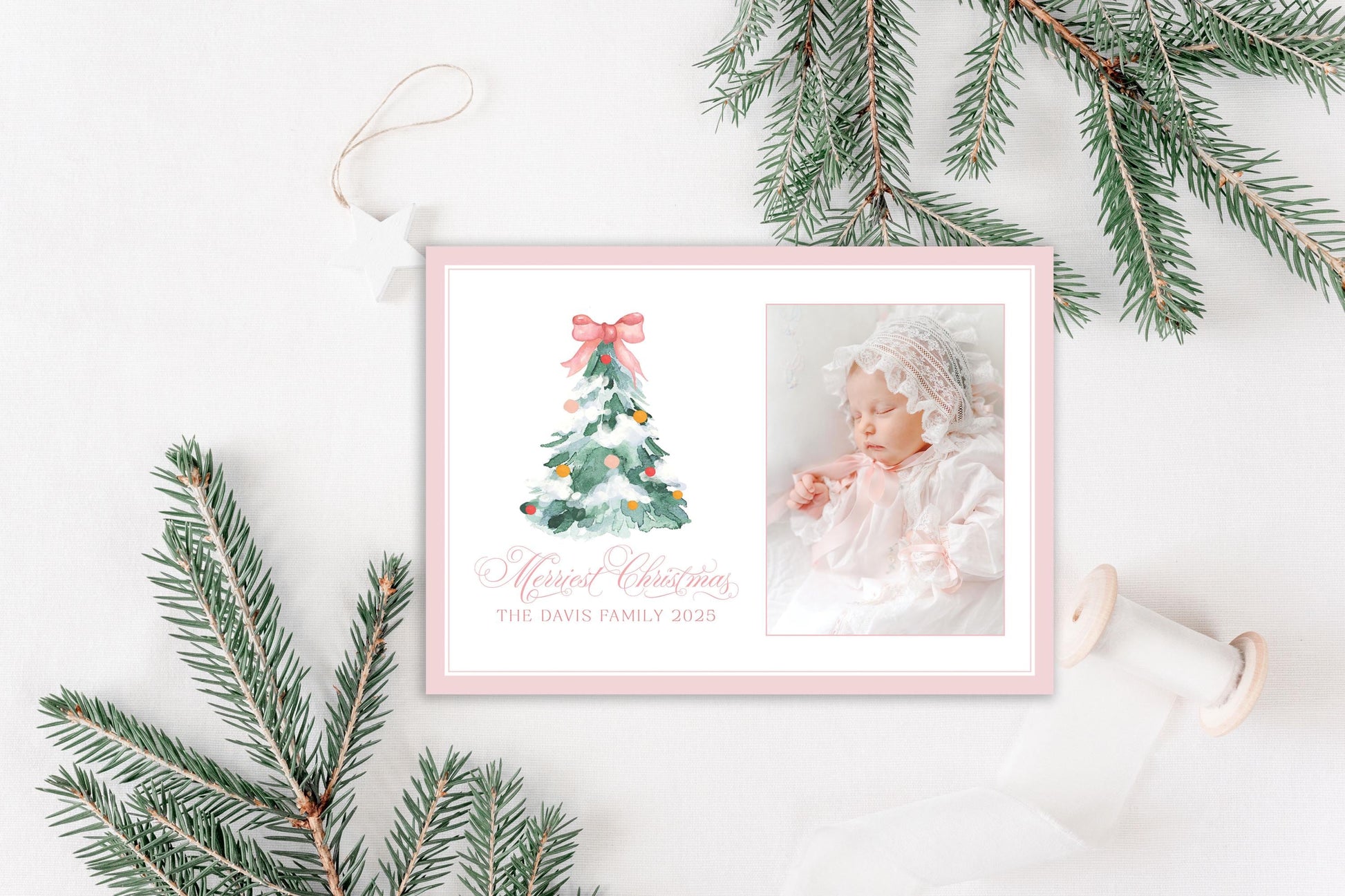 Custom Personalized Photo Christmas Cards - Pink Bow Christmas tree