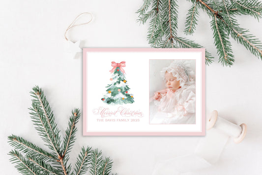Custom Personalized Photo Christmas Cards - Pink Bow Christmas tree