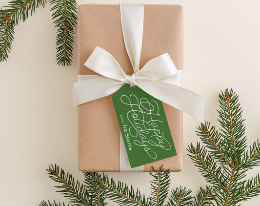 2 x 3.5 inch Personalized Script Happy Holidays Gift Tags | Custom Gift Tags | Colorful Family Gift Tag