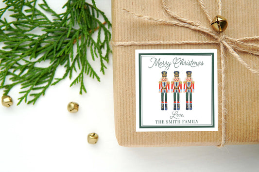 Personalized Watercolor Christmas Calling Card or Sticker | Green Border Nutcracker Enclosure Card | Family Square Gift Tag and Stickers